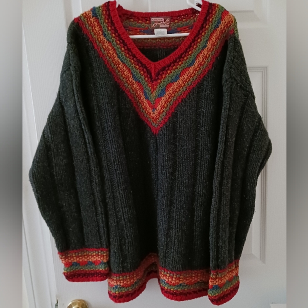 Vintage April Cornell Chunky Gray Wool V Neck Pullover w/ Multi Color Trim Large